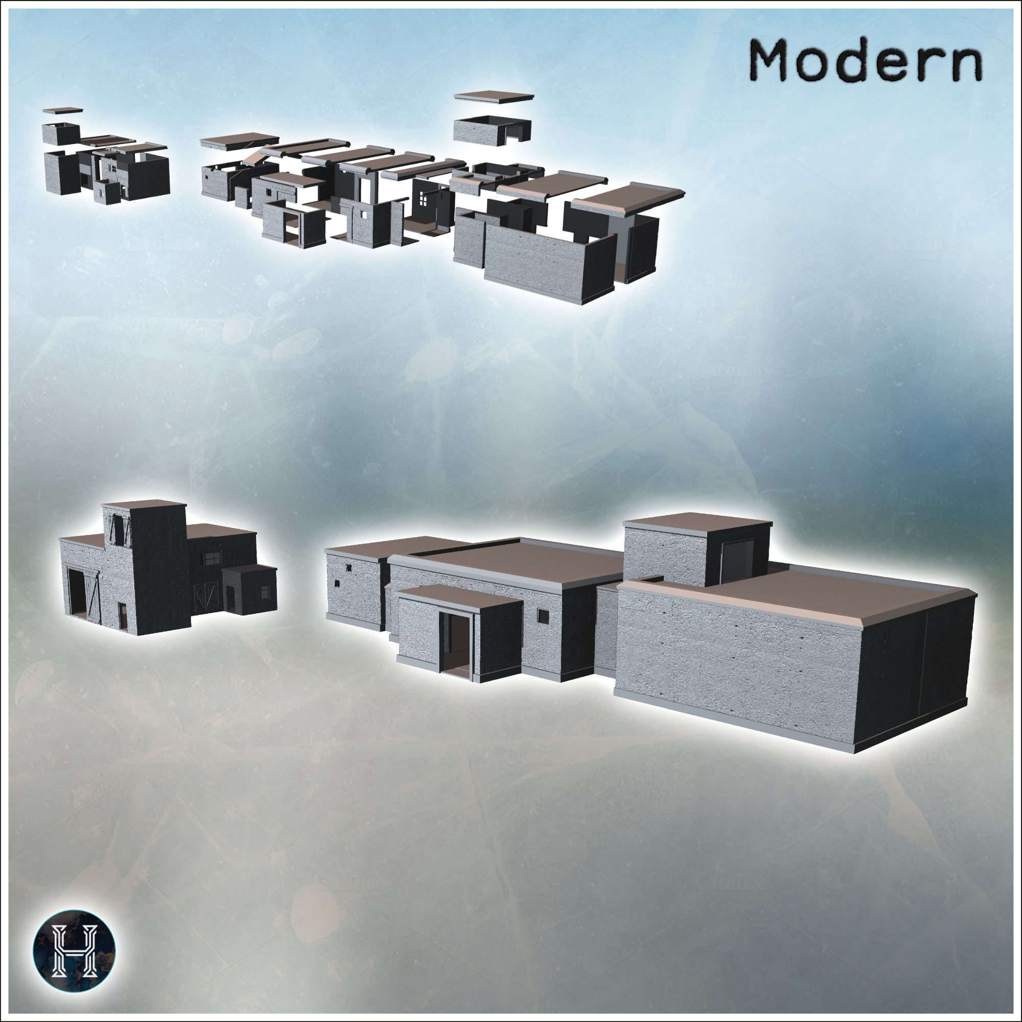 Series of modern, blocky buildings with flat roofs and small windows (11) - Modern WW2 WW1 World War Diaroma Wargaming RPG Mini Hobby